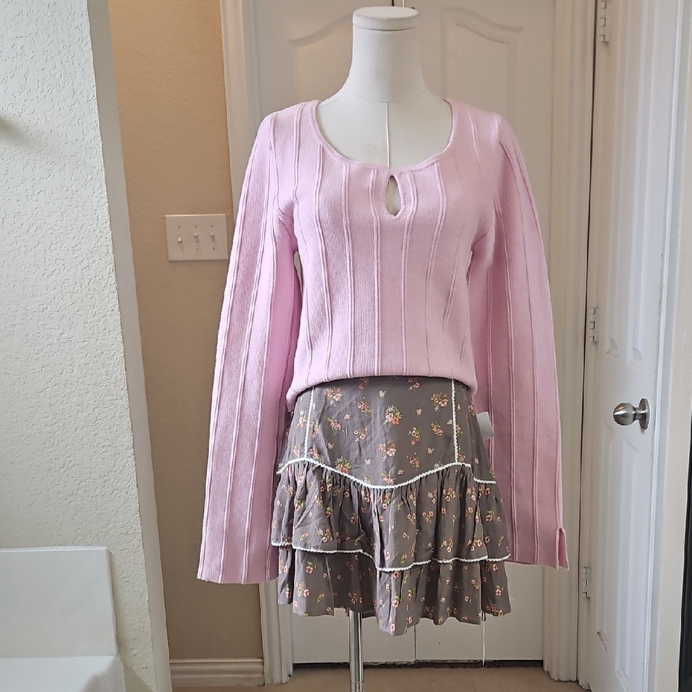 Bundle Skirt and Top Pink Long Sleeve Top and Brown Floral Mini Skater Skirt